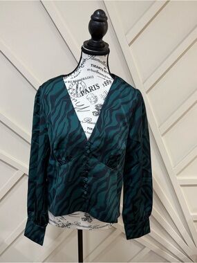 J. Crew Teal and Black Zebra-Print V-Neck Silk Blouse
